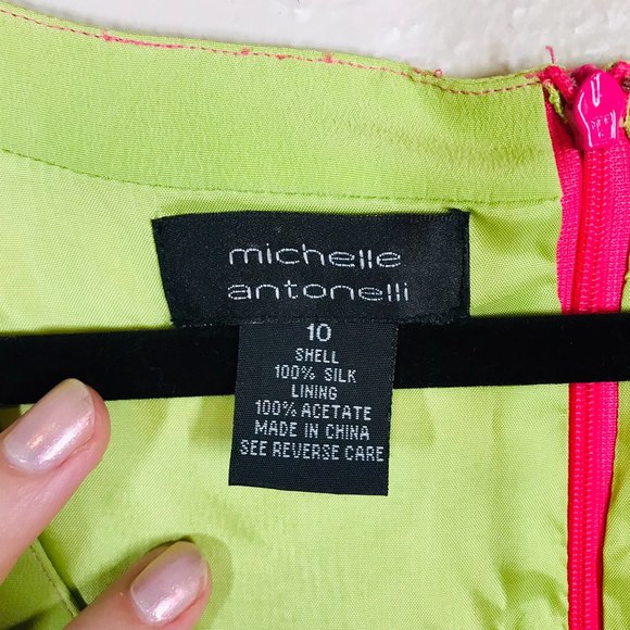 Vintage Michelle Antonelli Pink and Green 100% Silk Scoop neck Sheath Dress - Picture 5 of 10